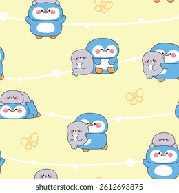Seamless pattern of cute big penguin and tiny seal stay together in various poses with bow background.Friendship.Love.Polar bird and mammal animal character cartoon.Kawaii.Vector.Illustration.