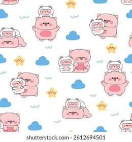 Seamless pattern of cute big pig and tiny sheep stay together with star and cloud sky background.Friendship.Love.Farm animal character cartoon.Kawaii.Vector.Illustration.