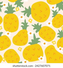 Seamless pattern of cute big pineapple with flower background.Fruits.Summer.Cartoon hand drawn.Image for card,poster,baby clothing.Kawaii.Vector.illustration.