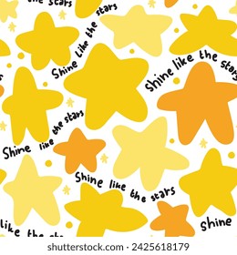 Seamless pattern of cute big star with shine like the stars text on white background.Night sky.Cartoon hand drawn.Image for card,poster,baby clothing.Kawaii.Vector.illustration.