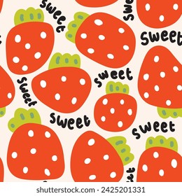 Seamless pattern of cute big strawberry with sweet text on pastel background.Farm.Vegetable and fruit.Cartoon hand drawn.Image for card,poster,baby clothing.Kawaii.Vector.Illustration.