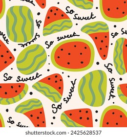 Seamless pattern of cute big watermelon with so sweet text background.Summer fruit.Cartoon hand drawn.Image for card,poster,baby clothing.Kawaii.Vector.illustration.