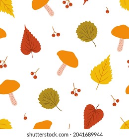 Patrón sin foco con hojas adorables de abedul y álamos, setas, bayas. Ilustración vectorial sobre fondo blanco. Impresión de moda para tela, embalaje, envoltura, cubierta. Rojo, naranja, amarillo y verde.