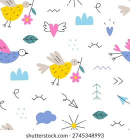 Seamless pattern with cute bird and flower.  Cute baby background