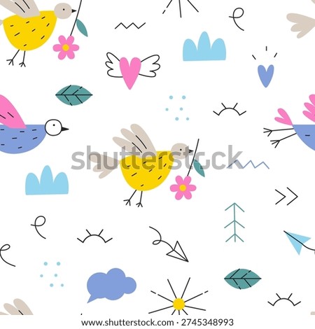 Seamless pattern with cute bird and flower.  Cute baby background
