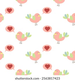 Seamless pattern with cute bird and heart in bubble speech. Animal background, nature. Vector flat design, kids illustration. Cartoon character style