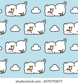 Seamless pattern of cute bird lay on sky with cloud background.Animal character cartoon design.Image for card,poster,baby clothing.Kawaii.Vector.Illustration.