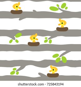 Seamless pattern with a cute bird in a nest on a tree branch. Vector illustration.