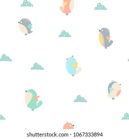 Seamless pattern with cute bird on white background. Ornament for textile and wrapping. Vector.