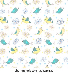 Seamless pattern with cute birds and abstract flowers. Vector background. 