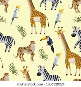 Seamless pattern with cute birds and animals for kids interior or fabric. Vector baby print.