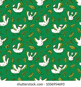 Seamless pattern with cute birds. Background with livestock pets and floral elements. Vector illustration with plants and berries. Design elements for surface, textile, wrapping