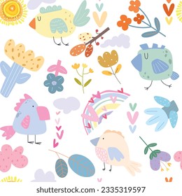 Seamless pattern with cute birds, cartoon flowers, rainbows, clouds, sun, hearts. Vector illustration.