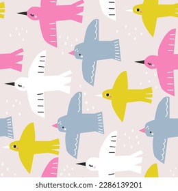 Seamless pattern with cute birds. Childish print. Vector hand drawn illustration.