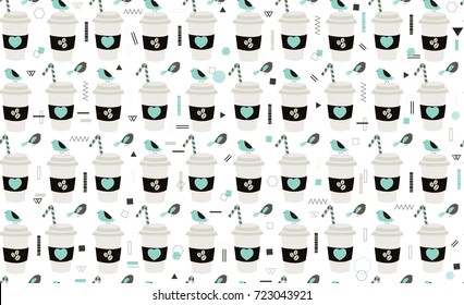 Seamless pattern with cute birds and coffee cups.  All elements are  hidden under mask. Pattern are not cropped and can be edited. Cute vector illustration.