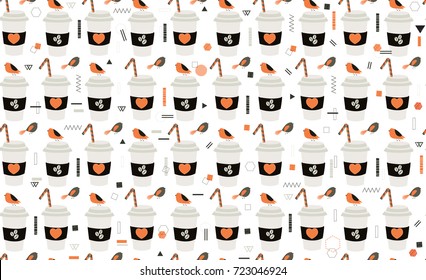 Seamless pattern with cute birds and coffee cups.  All elements are  hidden under mask. Pattern are not cropped and can be edited. Cute vector illustration.
