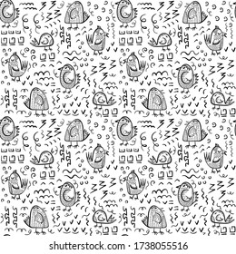 Nahtloses Muster mit süßen Vögeln. Doodle-Stil Monochrome Hintergrund. Handgezeichnete Vektorgrafik.