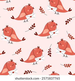 Seamless pattern of cute birds with an envelope. Valentine's Day. Love, romance, relationships. Vector illustration