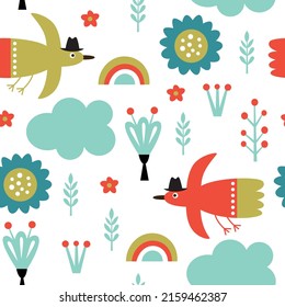 Seamless pattern with cute birds. Fabric pattern, kids apparel print, wrapping paper