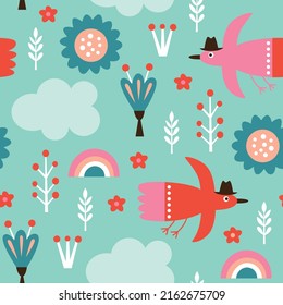 Seamless pattern with cute birds. Fabric pattern, kids apparel print, wrapping paper