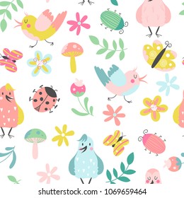 Seamless pattern with cute birds and flowers. Background for your design. Vector illustration.