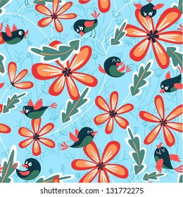 seamless pattern with cute birds and flowers