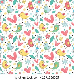 Seamless pattern with cute birds, flowers and hearts.