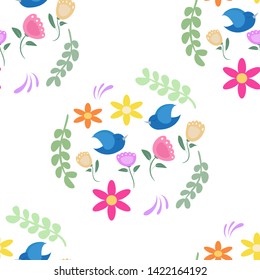 seamless pattern with cute birds and flowers, vector illustration