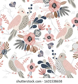 Seamless pattern with cute birds, flowers, berries and leaves. Creative floral texture. Great for fabric, textile Vector Illustration