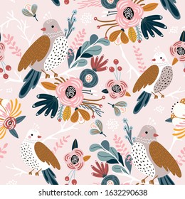 Seamless pattern with cute birds, flowers, berries and leaves. Creative floral texture. Great for fabric, textile Vector Illustration