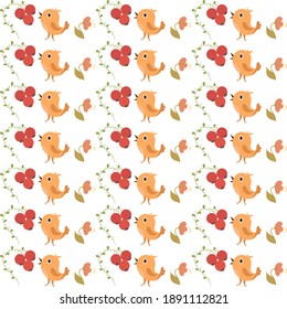 Seamless pattern with cute birds, flowers and berries on a white background. Vector illustration for design