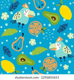 Seamless pattern with cute birds, flowers, leaves and fruits