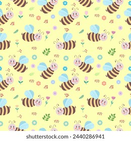 Seamless pattern with cute birds and flowers on a light background. Background color can be changed