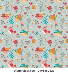 Patrón sin fisuras con pájaros lindos y flores con estilo escandinavo