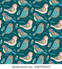 Seamless pattern with cute birds and flowers. Decorative blue background in folk style