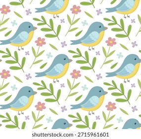 Patrón sin fisuras con pájaros lindos, flores y hojas. Fondo botánico de primavera en tonos pastel