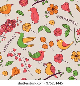 Seamless pattern with cute birds and flowers