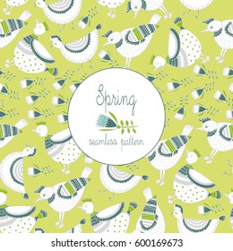 Seamless pattern of cute birds and flowers.In folk style. Spring theme
