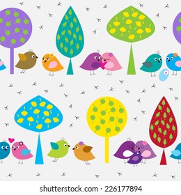 Seamless pattern with a cute birds in the forest