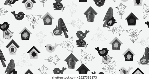 Patrón sin fisuras con pájaros lindos. Fondo de Vector dibujado a mano para el día de San Valentín, boda. Diseño para camiseta, estampados, textil. Ilustración vectorial