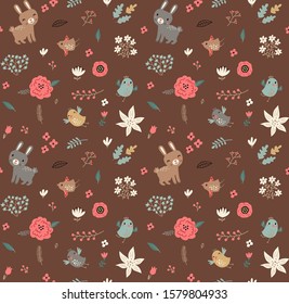 Seamless pattern with cute birds and hares