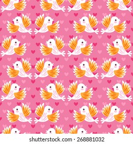 Seamless pattern with cute birds and heart shapes over pink background