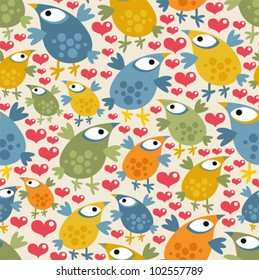 Seamless pattern with cute birds and hearts. Vector texture with funny characters.