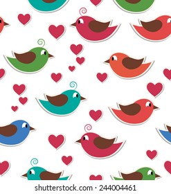 Seamless pattern with cute birds and hearts isolated on white background