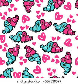Seamless pattern with cute birds and hearts. Hand drawn vector background for valentine's day, wedding, romantic events. Design for T-shirt, prints, textile. Valentine's day theme.