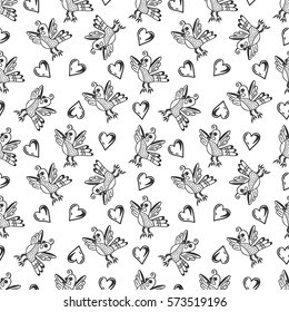 Seamless pattern with cute birds and hearts. Hand drawn vector background for valentine's day, wedding, romantic events. Design for T-shirt, prints, textile. Valentine's day theme.