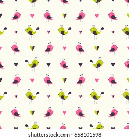 seamless pattern with cute birds and hearts