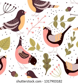 Seamless pattern with cute birds, leaves, berries and acorns. Background for your design, texture for textile, fabric. Vector illustration isolated on white.