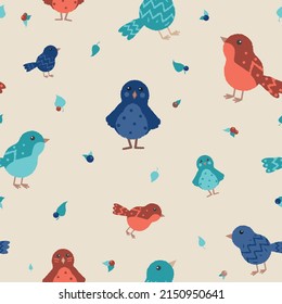 Seamless pattern cute birds and leaves