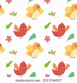 Seamless pattern with cute birds and leaves. Animal background, nature. Vector flat design, kids illustration. Cartoon character style